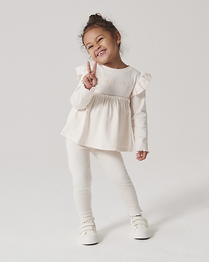 Mini girls cream rib peplum top set