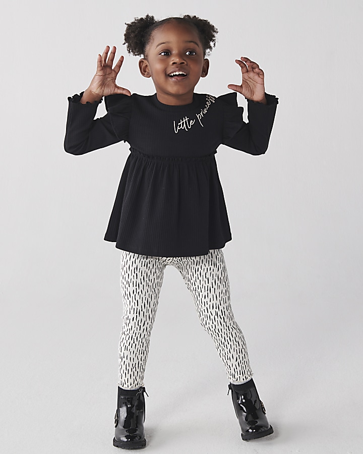 Mini girls black frill long sleeve top set