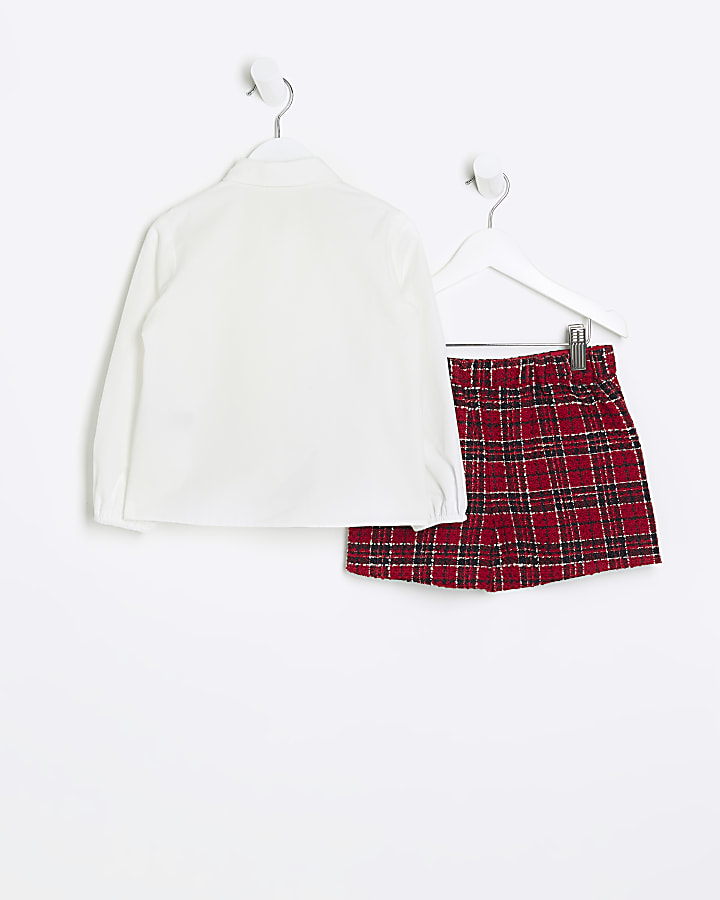 Mini girls white frill blouse check skort set