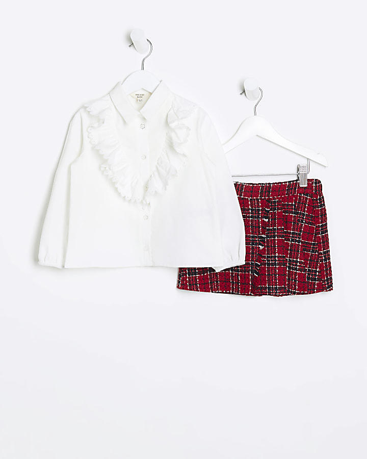 Mini girls white frill blouse check skort set