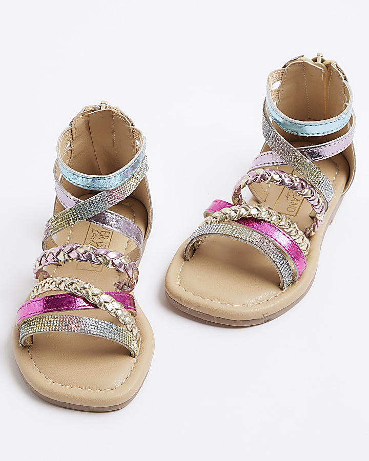 Mini girls pink metallic strappy sandals