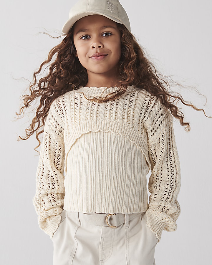 Girls beige crochet 2 in 1 shrug jumper