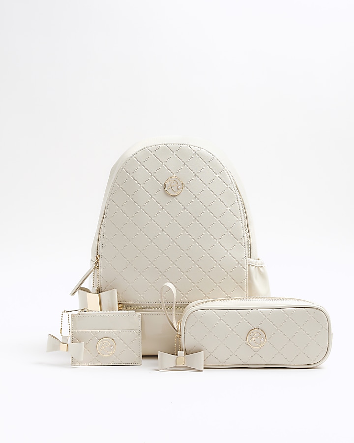 Girls cream bow quilted backpack set