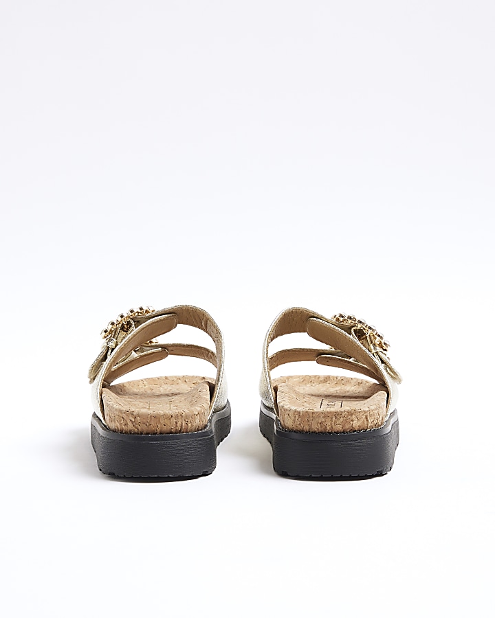 Girls gold diamante buckle corkbed sandals