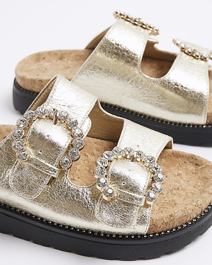 Girls gold diamante buckle corkbed sandals