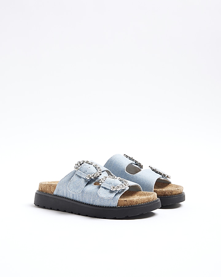 Girls blue denim buckle corkbed sandals