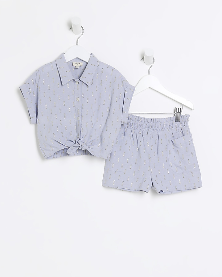 Mini girls blue glitter shirt and shorts set