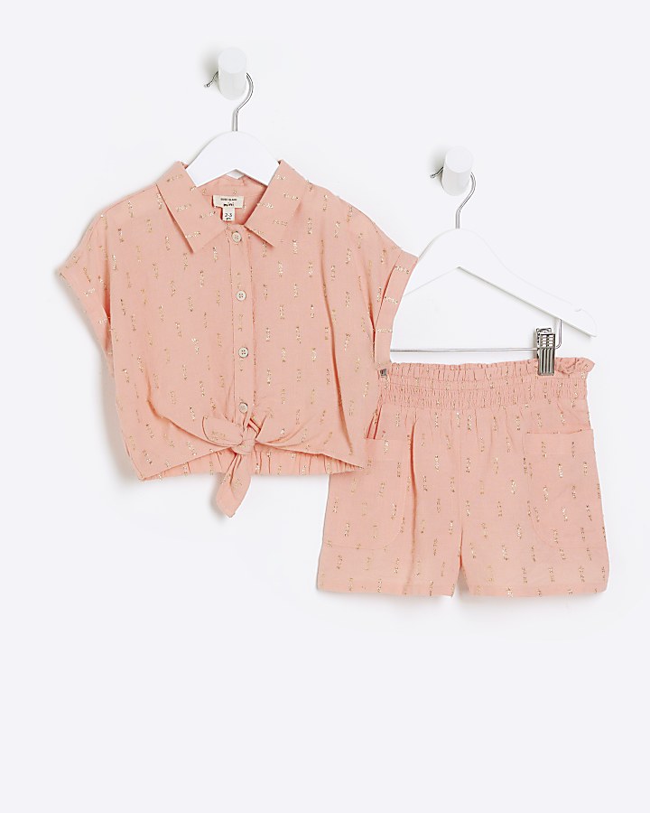 Mini girls coral glitter shirt and shorts set