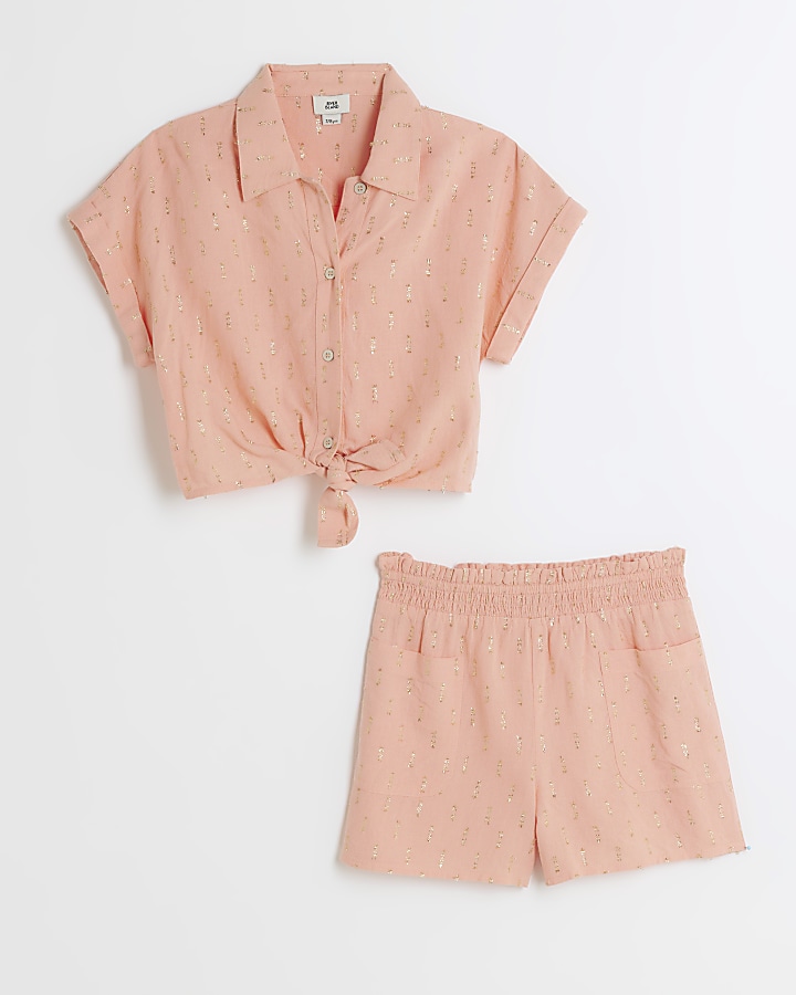 Girls coral glitter shirt and shorts set