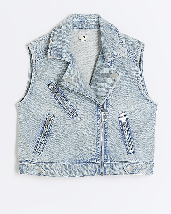 Girls blue zip biker denim gilet