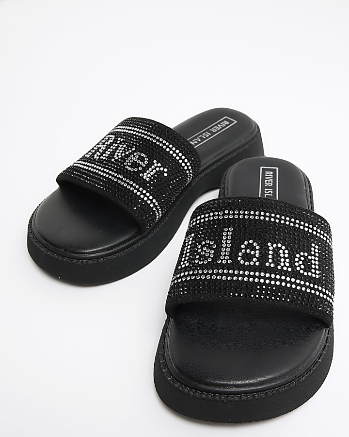 Girls black diamante flatform sandals
