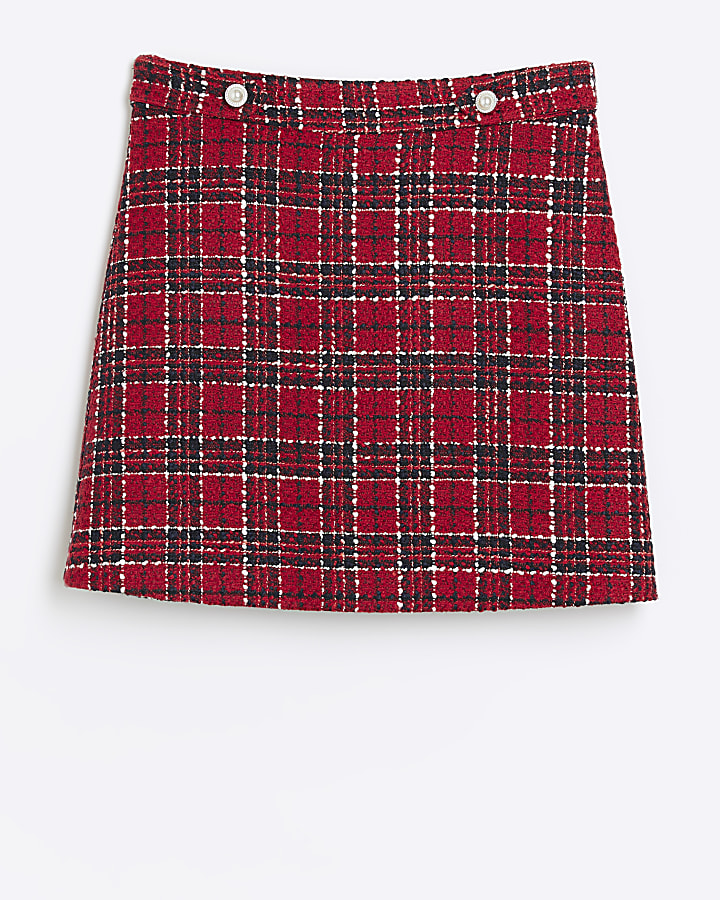 Girls red boucle check skirt