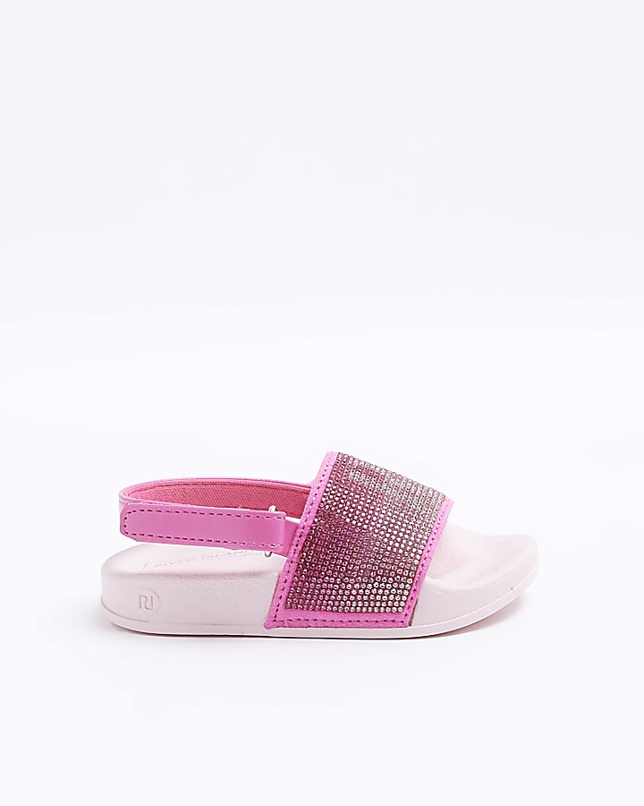 Mini girls pink RI diamante sliders River Island