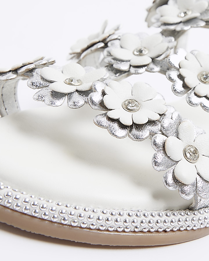 Girls silver leather flower flat sandals