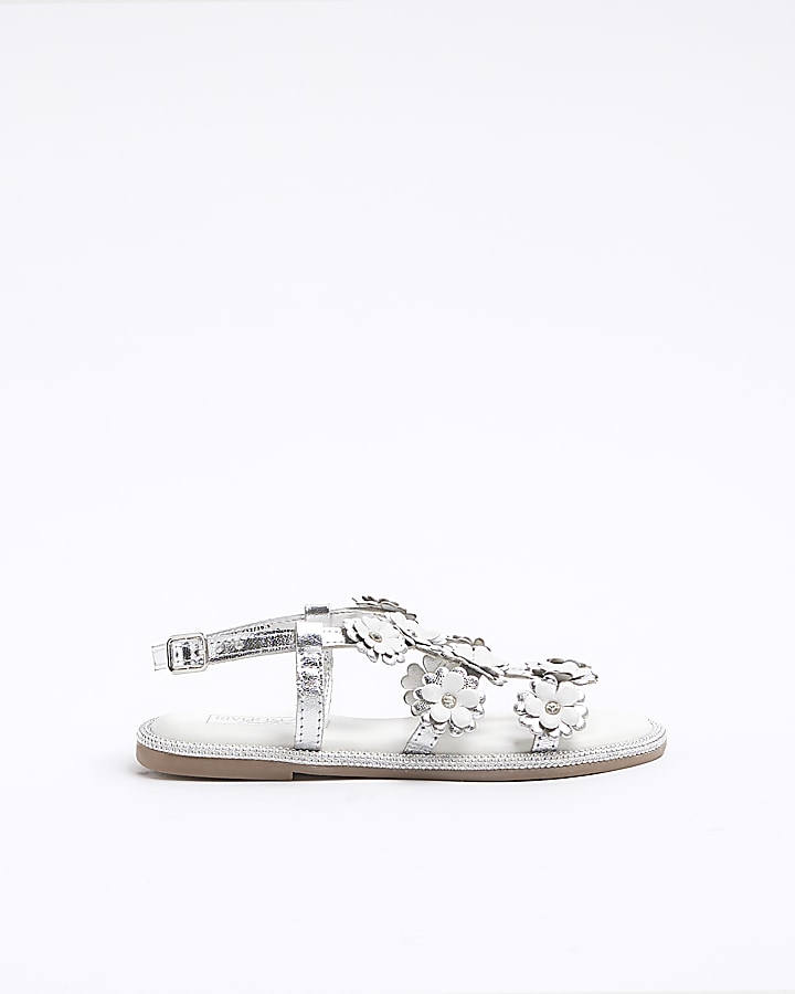 Girls silver leather flower flat sandals