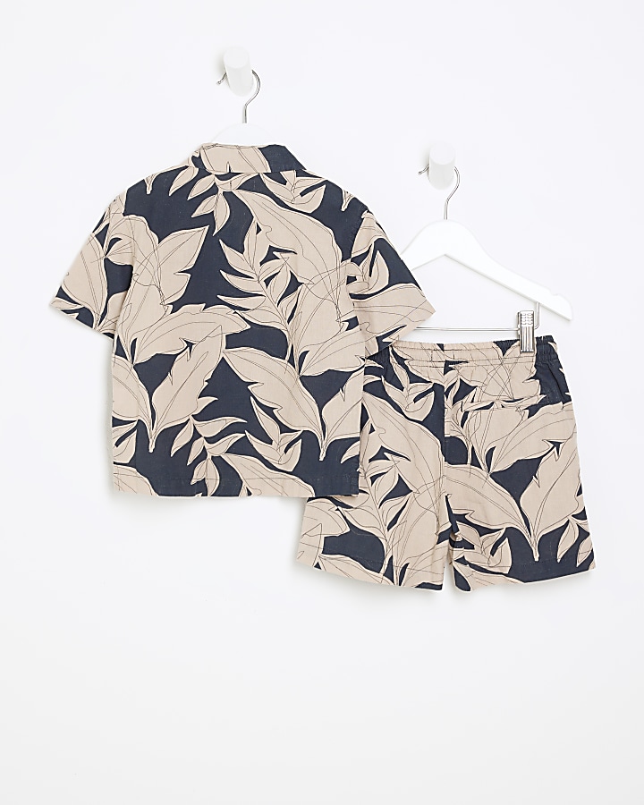 Mini boys black leaf print shirt set