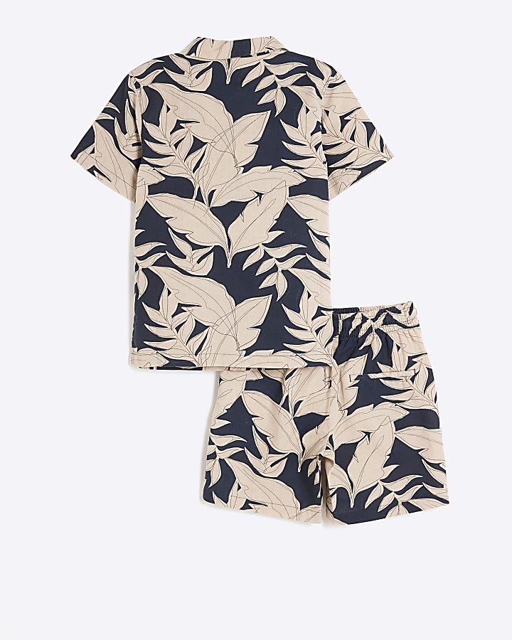 Boys black leaf print shirt set