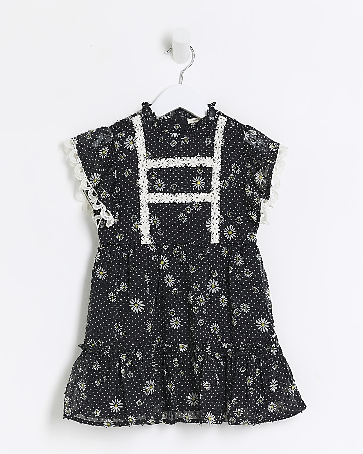 Mini girls black floral lace trim dress