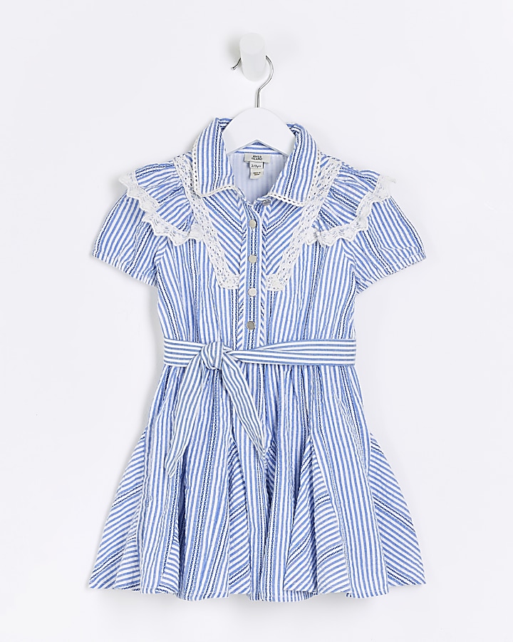 Mini girls blue stripe belted shirt dress