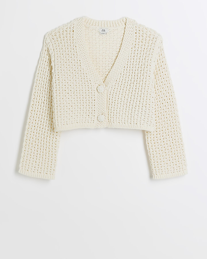 Girls ecru crochet crop cardigan | River Island