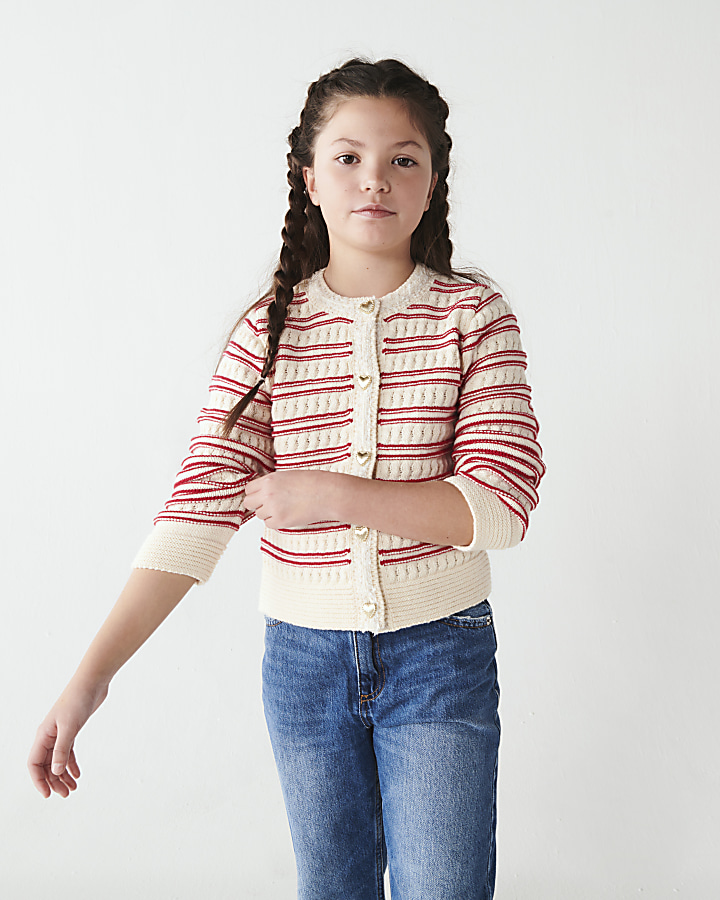 Girls red knit striped cardigan