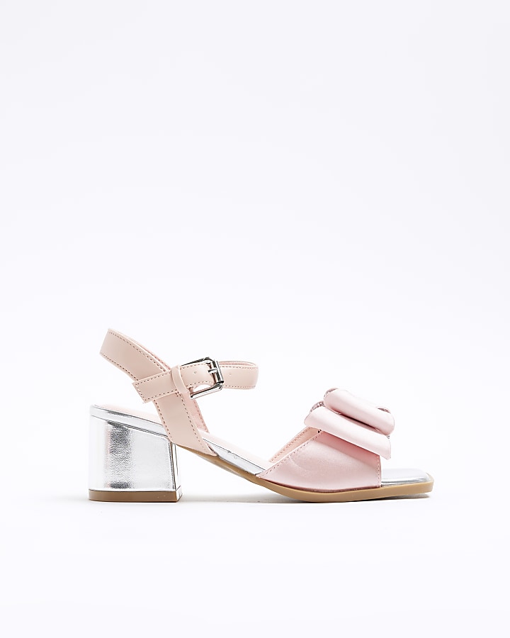 Girls pink diamante bow heel sandals