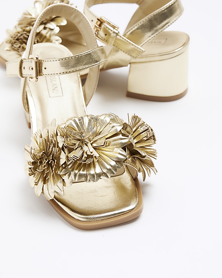 Girls gold flower strap heeled sandals