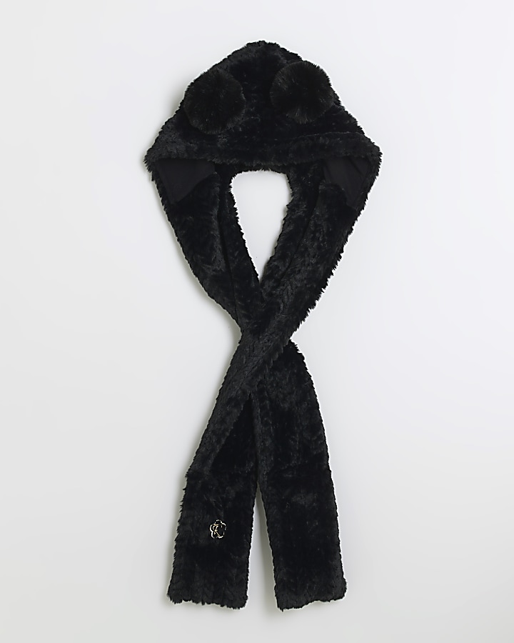 Girls black faux fur hooded scarf