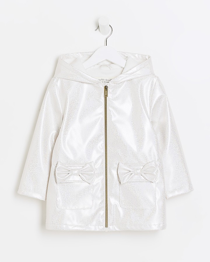 Mini girls white bow hooded rain coat