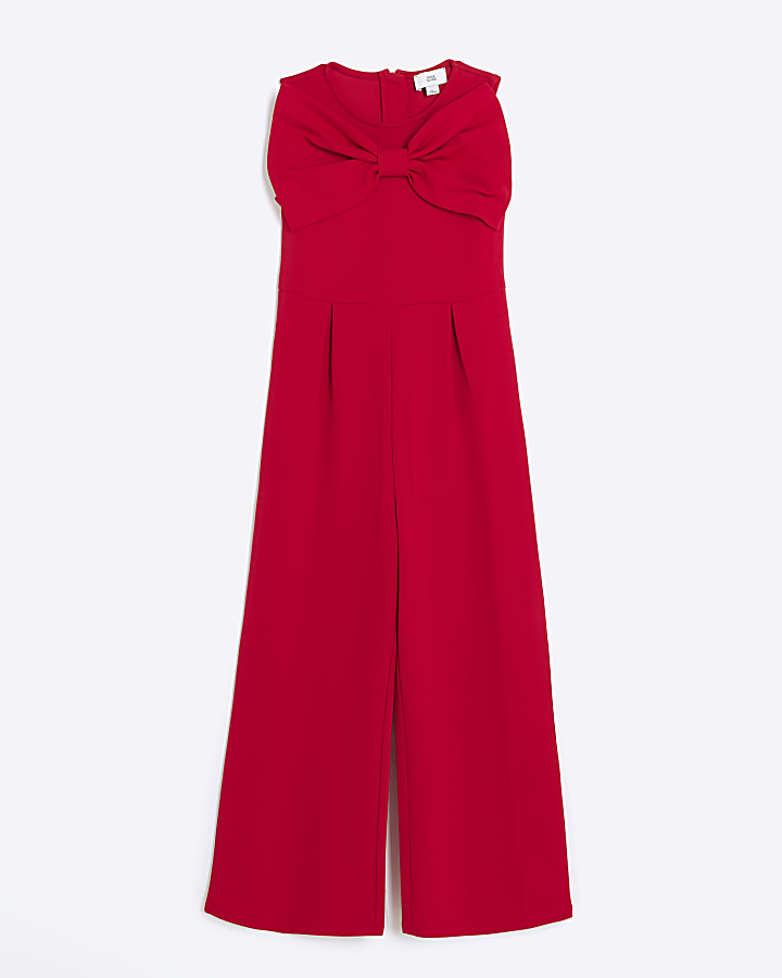 Girls red bow wide leg jumpsuit