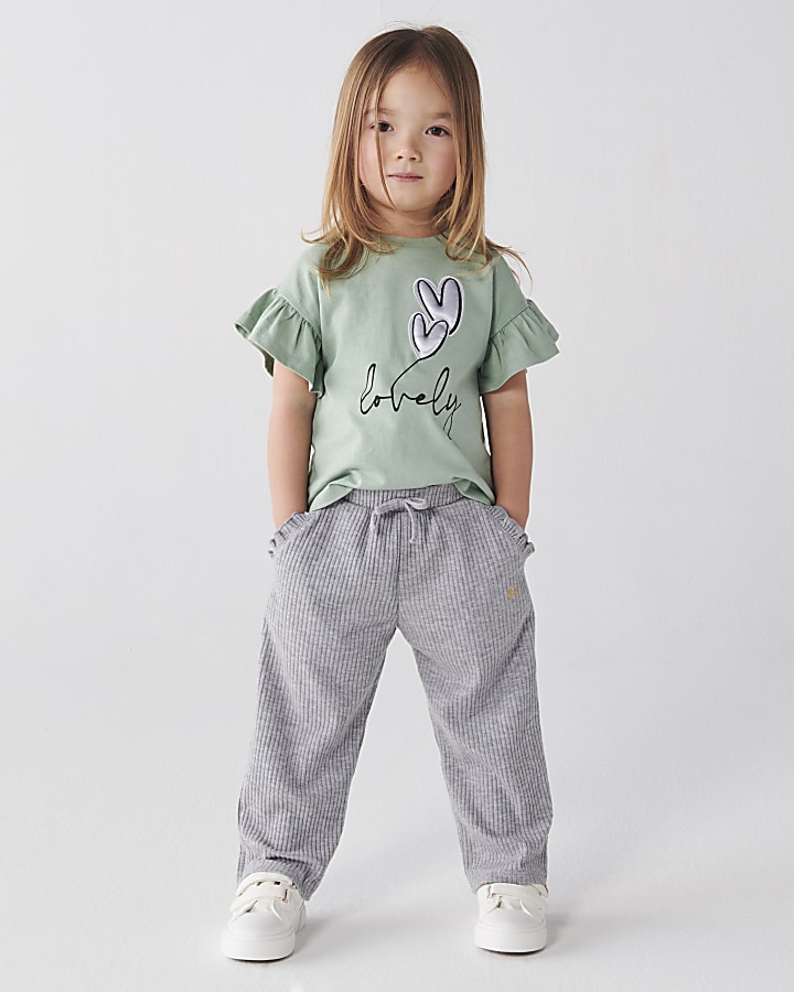 Mini girls grey rib wide leg joggers River Island