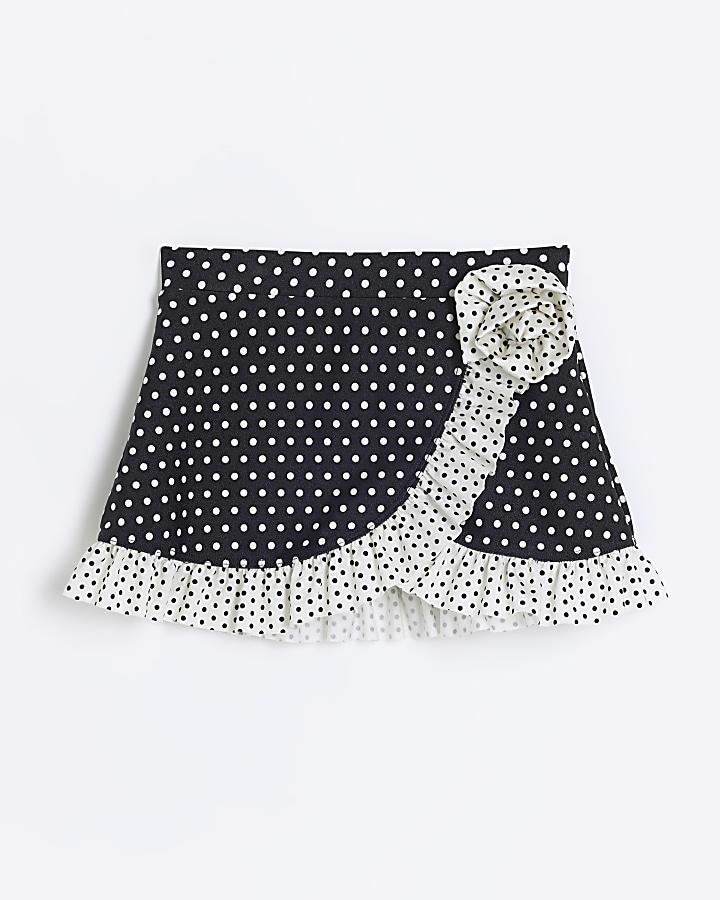 Mini girls black polka dot swim skirt