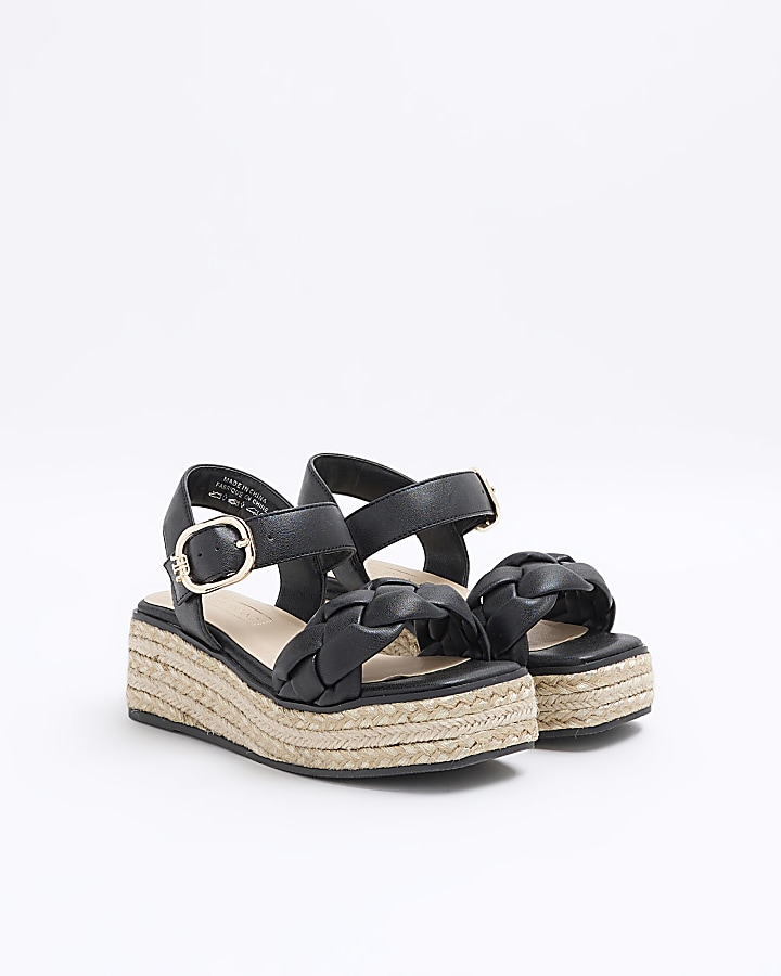 Girls black woven plait wedge shoes River Island