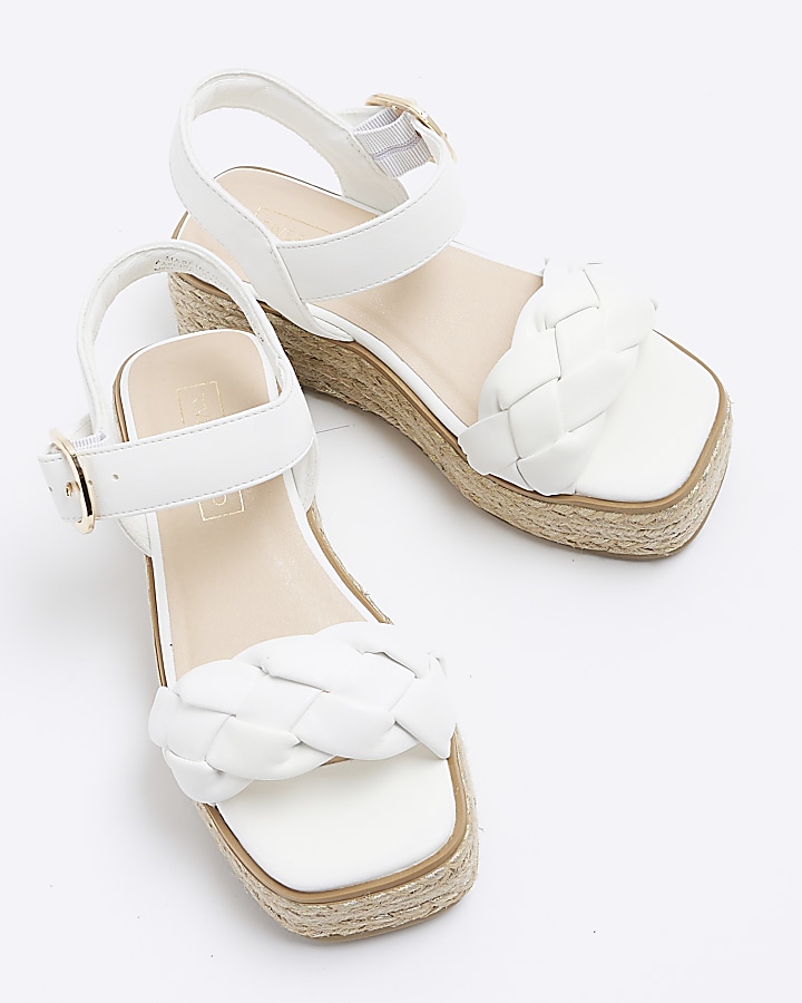 Girls white plait strap wedge sandals