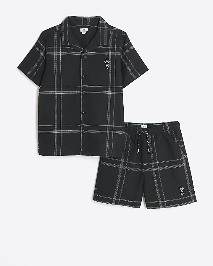 Boys black check shirt and shorts set