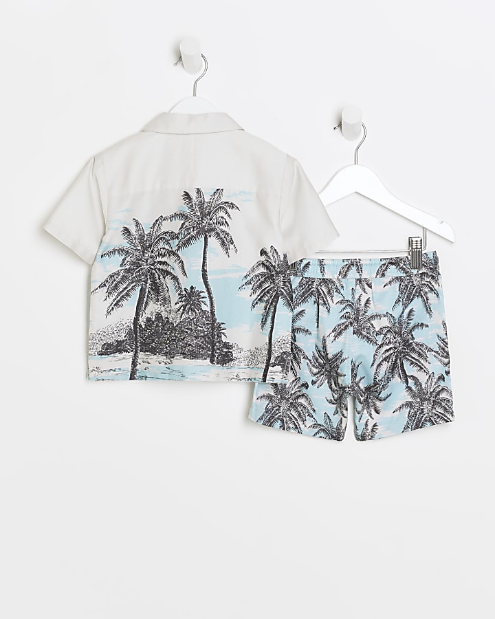 Mini boys ecru palm tree shirt and shorts set