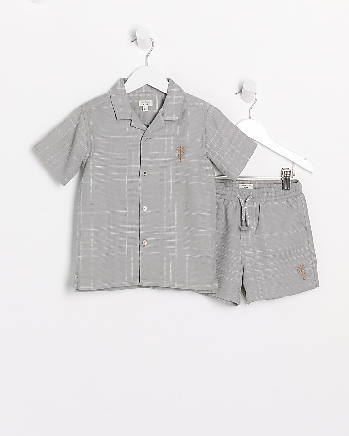 Mini boys khaki checked shirt and shorts set