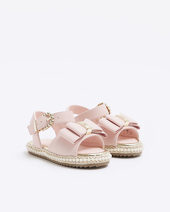 Mini girls pink pearl trim bow sandals