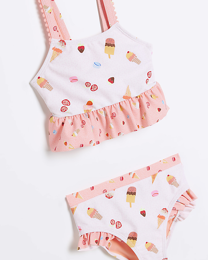 Mini girls pink ice cream frill bikini set