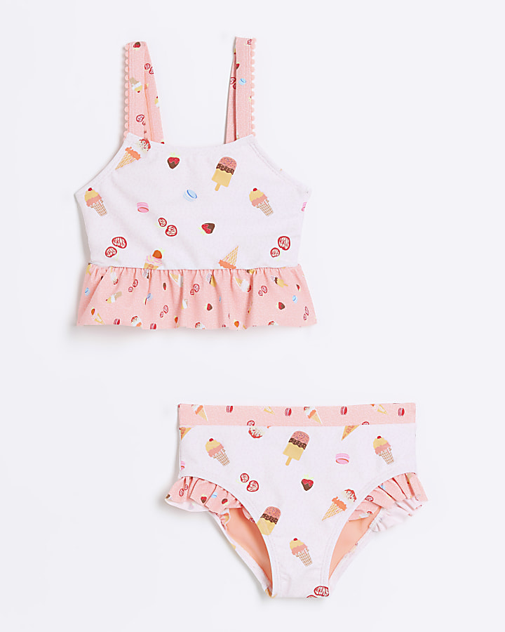 Mini girls pink ice cream frill bikini set