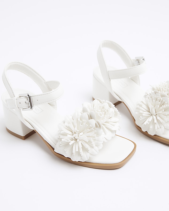 Girls white flower heeled sandals