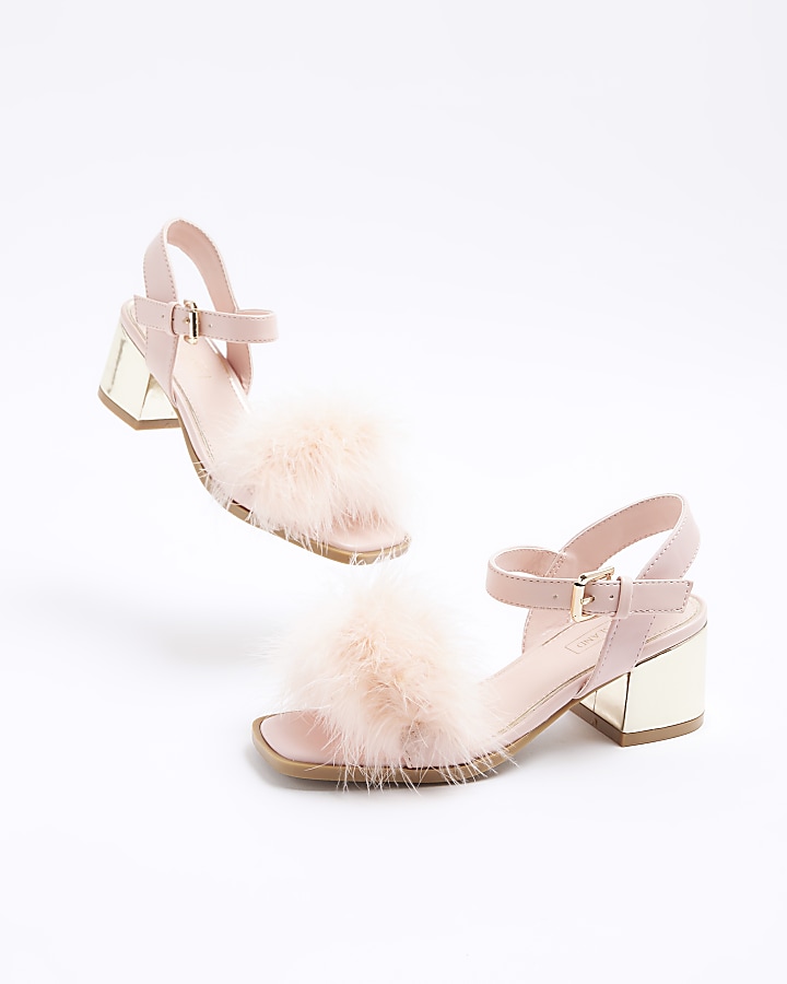 Girls pink fluffy heeled sandals