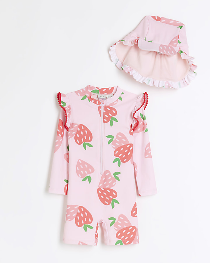 Mini girls pink strawberry rashsuit swim set