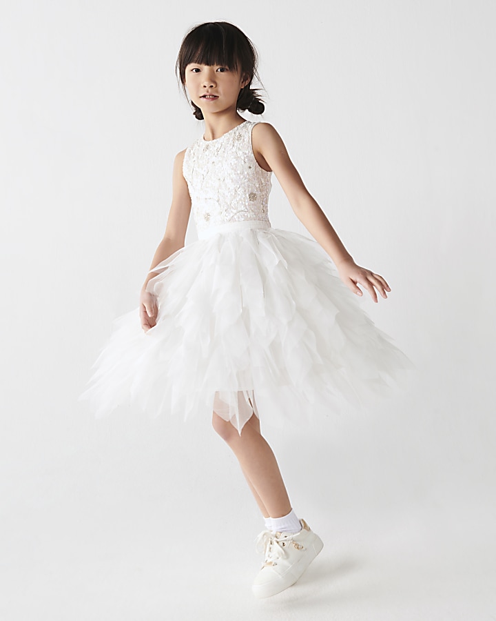 Girls white embellished flower girl dress