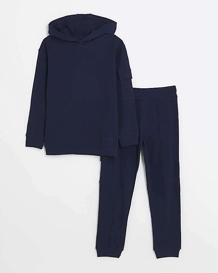 Boys navy waffle hoodie and cargo jogger set