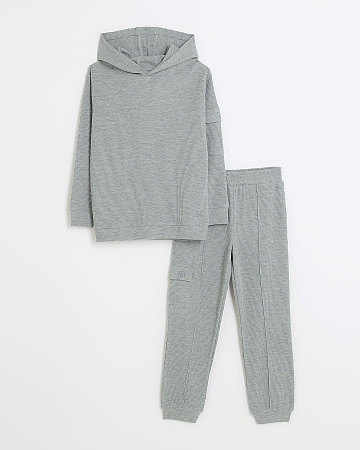 Boys grey waffle hoodie and cargo joggers set