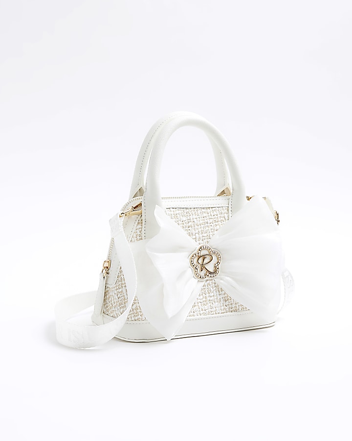 Girls white boucle bow tote bag
