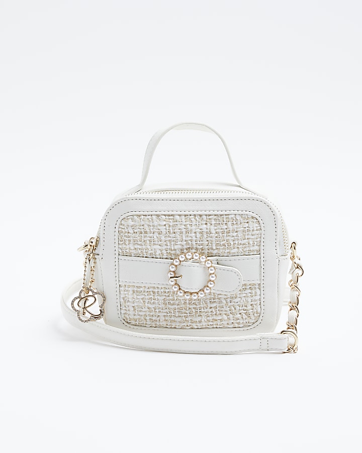 Girls white boucle pearl cross body bag