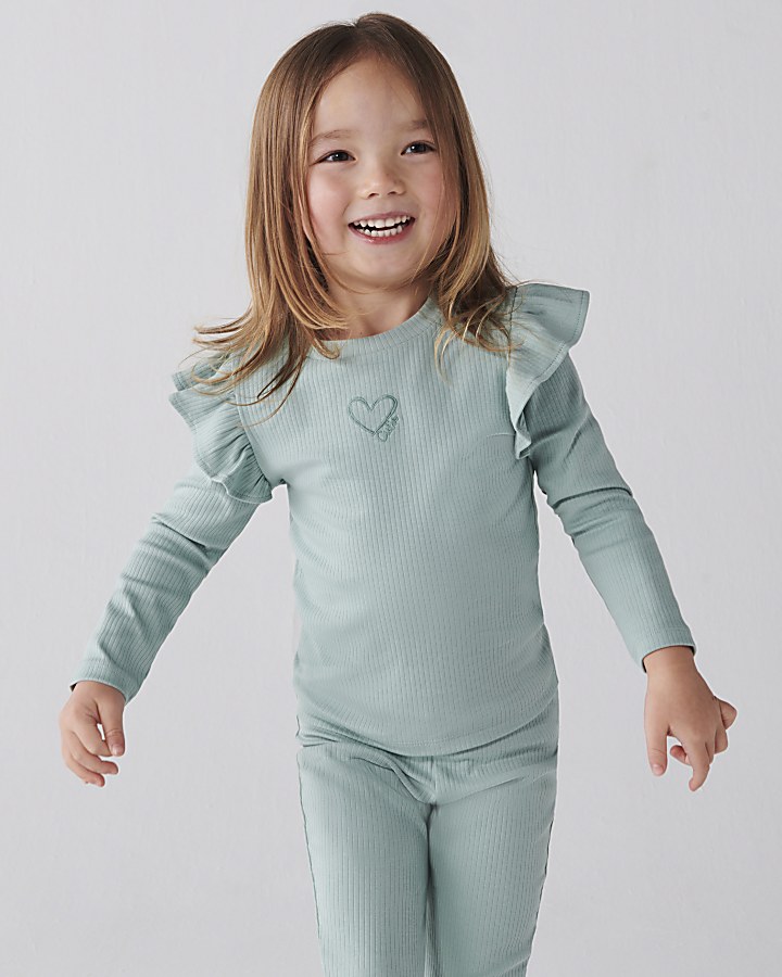 Mini girls green top and flare trousers set