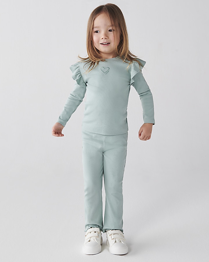 Mini girls green top and flare trousers set